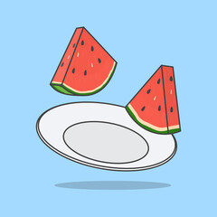 Pieces Of Watermelon On A Plate Cartoon Vector Illustration. Watermelon Fruit Flat Icon Outline