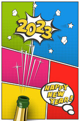 2023 New Year vertical postcard or greeting card template. Vector festive retro design in comic book style with champagne bottle.