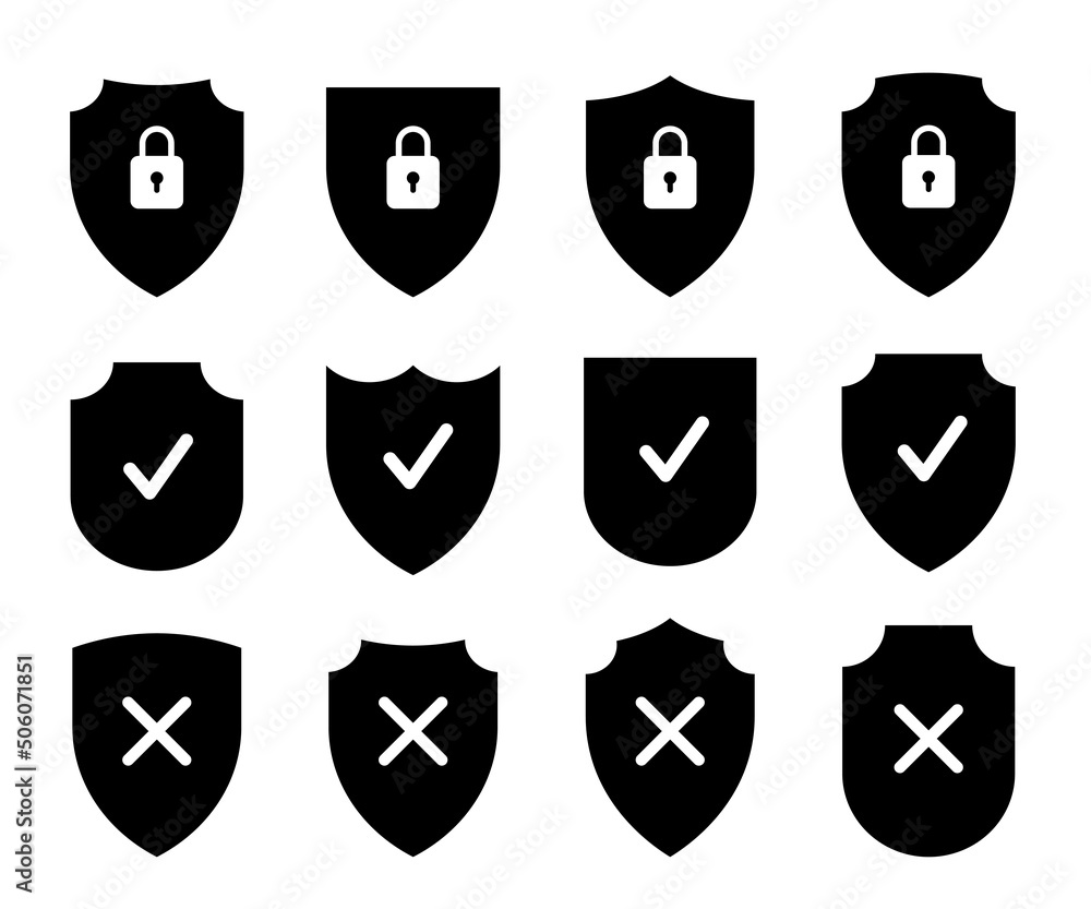 Poster black shields of different shapes with check mark, cross and closed padlock inside