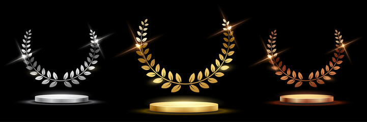 Golden, silver and bronze award signs with podiums laurel wreath isolated on black background. Vector award design templates