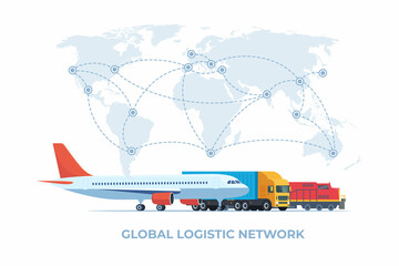 Cargo logistics transportation concept. Global logistic network. Cargo plane, train, truck transport on a background of the world map. Import, export. Global freight transportation. Vector.