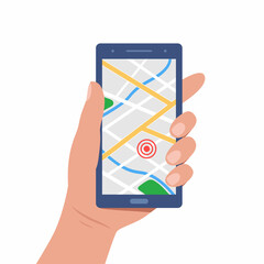 Smart phone navigation - mobile gps and tracking concept: location track app on touchscreen smartphone. Vector illustration.