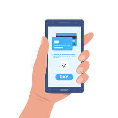 Money transaction online concept. Mobile payments using smartphone. Hand holding a mobile phone and credit card transfer on screen. Trendy flat style. Vector illustration.