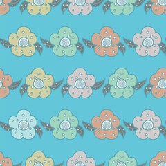Cute cartoon style multicolor flowers on a blue backdrop in a seamless vector pattern