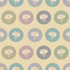 Cute flowers in circles in pastel multicolor on a cream background in a vector seamless repeat pattern