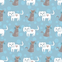 Cute cats and dogs vector repeat pattern in white, brown and blue in a vector repeat pattern