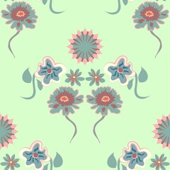 Pale green blue and pink cute floral vector seamless repeat pattern