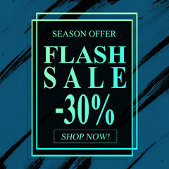 shop now season offer flash sale 30% off sign holographic gradient over art white brush strokes acrylic paint on black background illustration