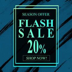shop now season offer flash sale 20% off sign holographic gradient over art white brush strokes acrylic paint on black background illustration
