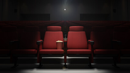 movie theater seat with popcorn and drink, 3d rendering