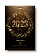 New Year disco party invitation. Nightclub flat editable flyer. Winter holidays celebration. Glowing festive lights in dance circle shape and in 2023 numbers form. Vector illustration.