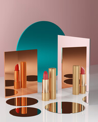 3d illustration of fashionable lipstick with mirrors and reflections.Fashion cosmetics. Makeup design background. Use flyer, banner, flyer template for advertising.