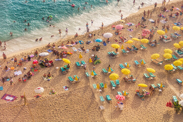 Sandy beach of Cleopatra in Turkey from a bird's eye view. Beach and sea from above. Travel to Turkey.