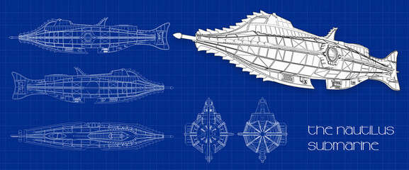 Nautilus Blueprint. Nautilus submarine detailed.  - obrazy, fototapety, plakaty
