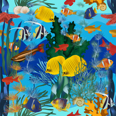 Seamless underwater pattern  with  tropical fish. vector illustration