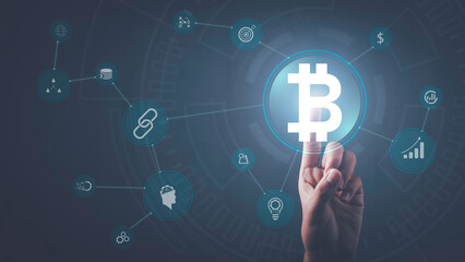 Cryptocurrency, Bitcoin investment growth chart concept. Business man hand touch virtual bitcoin icon growth stock market trading financial technology digital network connection.