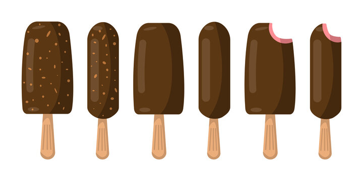 A set of ice cream with chocolate on a wooden stick in a flat style. Vector image.