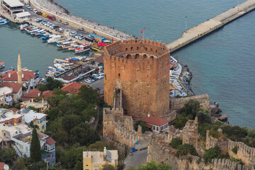 Turkey, Alanya, 30.08.2021: View of the octagonal tower of the XIII century and the museum 