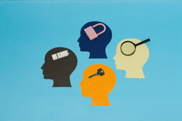 colorful head with a brain of flash memory, magnifier, key and padlock, creative design, security and data protection