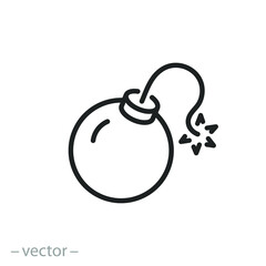 bomb icon, burning fuse, waiting to explode, thin line symbol on white background - editable stroke vector illustration