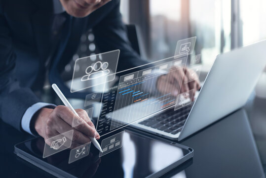 Project manager working with Gantt chart planning schedule, tracking milestones and updating tasks progress, scheduling and management skills, program strategy, project management concept