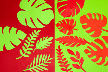 red-green background on the red part green jungle leaves, on the green part red jungle leaves,...