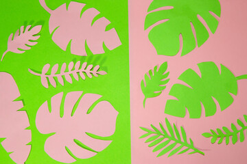 pink-green background on the green part pink jungle leaves on the pink part green jungle leaves, creative art tropical design