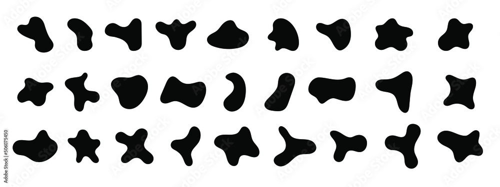 Poster black abstract shapes, organic blobs and blotch of irregular shape. inkblot silhouettes, simple liqu