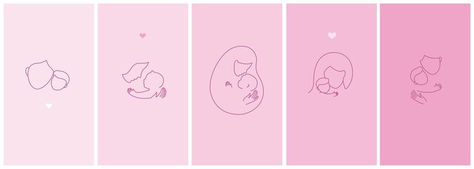 Logo set, mother with a baby in her arms. Happy maternity. Linear icons. Hugs with love