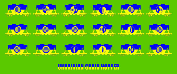 Obraz na płótnie Canvas Hopper wagon icon set for transportation of bulk icons of grain, corn, sunflower and cereals in the colors of the Ukrainian flag. Ukrainian grain hoppers are yellow-blue. Vector illustration 
