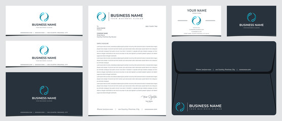 Technology rotation logo with stationery, business card and social media banner designs