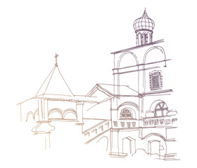 Medieval church and arched stone porch with hipped roof in Russia.Vector traced gold colored ink and pen hand drawn architectural landscape 