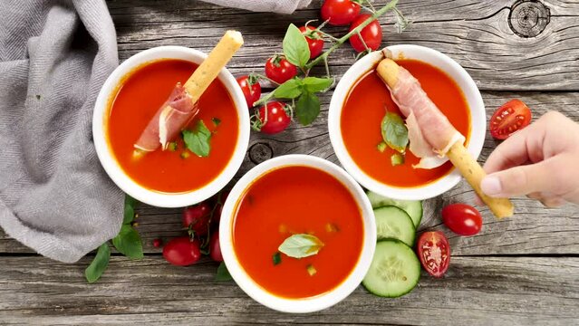 gazpacho- cold soup with breadsticks and ham