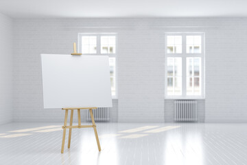 Wooden easel with blank paper white canvas in white empty studio interior - 3d rendering