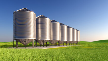 Modern Granary elevator for storage of wheat, agricultural products, flour, cereals and grain. 3d rendering