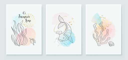 Summer tropical wall arts background. Algae leaves, shell and fish line arts, Watercolor background design for wall framed prints, canvas prints, poster, home decor, t shirt, wallpaper