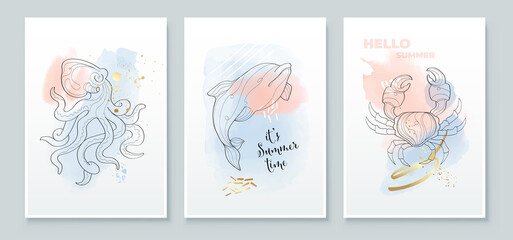 Summer tropical wall arts background. Underwater world, octopus, dolphin, crab, line arts, Watercolor background design for wall framed prints, canvas prints, poster, home decor, t shirt, wallpaper