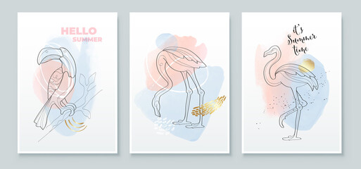 Summer tropical wall arts background. Toucan and flamingo line arts. Watercolor background design for wall framed prints, canvas prints, poster, home decor, t shirt, wallpaper