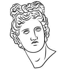 Antique Greek Man Head Full Face. Statue of Apollo (Phoebus). God of archery, poetry, music and dance, truth and prophecy, healing and diseases, the sun and light.