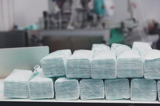 Medical mask in quality check and packing at production mask factory