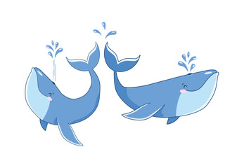 cute whale friends are waving their tails Isolated whales on a white background