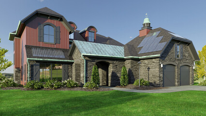 A 3D architectural rendering of a contemporary red color scheme house with recycled patina copper trim and solar panels.