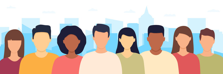People crowd standing together in city. Male and female faces group. Multicultural people population. Human portraits in casual cloths. Vector illustration.