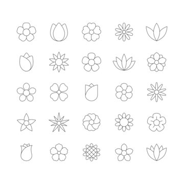 Flower line icon set. Black outline flowers collection. Vector isolated on white.
