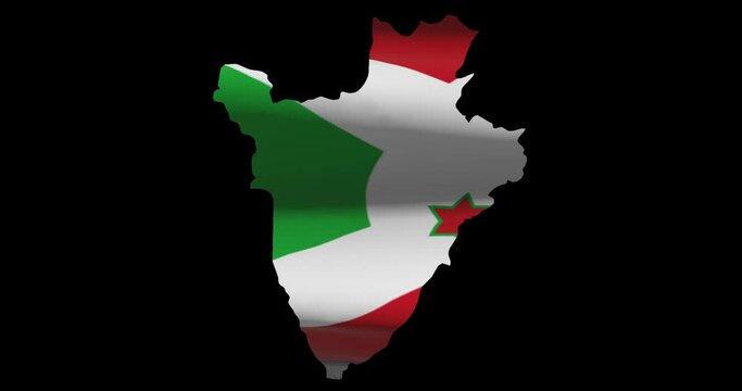 Burundi country map outline with national flag animation. Alpha channel footage