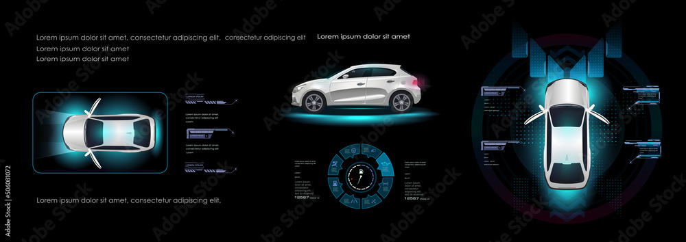 Poster car user interface with three projections electric vehicle with hud elements. concept futuristic car