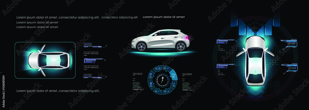 Aufkleber car user interface with three projections electric vehicle with hud elements. concept futuristic car