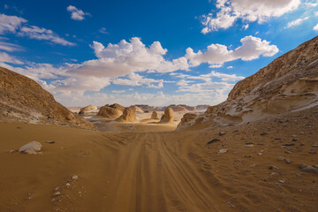 Fototapeta na wymiar Panoramic View to the Sandy Formations in the White Desert Protected Area, National Park in the Farafra Oasis, Egypt