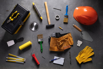 Construction tools  on cement floor. Construction concept idea