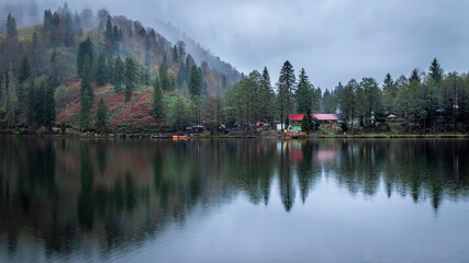 Fototapeta na wymiar autumn in a lake, foggy weather and trees reflection. Borcka-Karagol